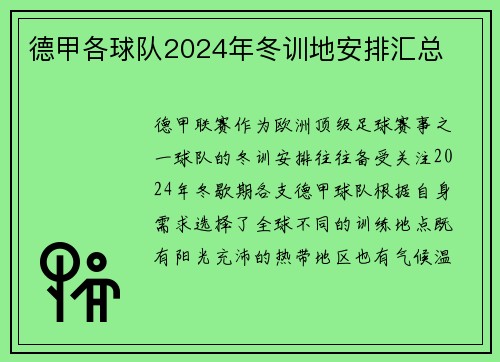 德甲各球队2024年冬训地安排汇总