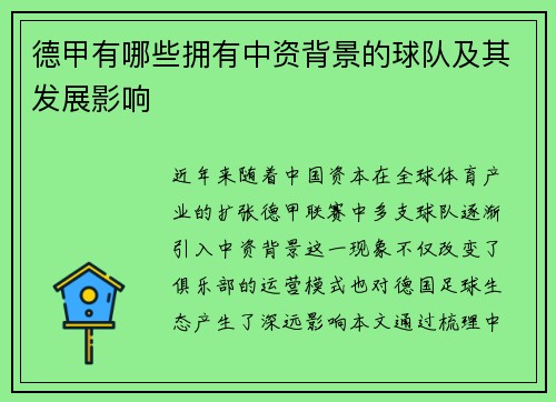 德甲有哪些拥有中资背景的球队及其发展影响